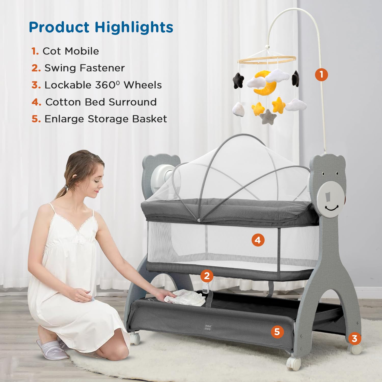 Usmile Toys Mee Mee automatic baby cradle with adjustable swing speeds and built-in lullabies, perfect for sleepy infants.www.usmile.toys